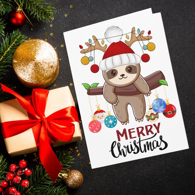 Cute Sloth med Santa Hat, jul Ljus och Bollar Helgkort (Skapare uppladdad)
