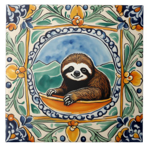 Cute Sloth Mediterranean Gult & Blue Folk Kakelplatta