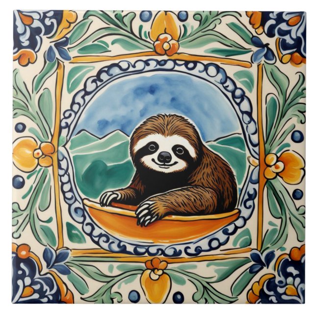 Cute Sloth Mediterranean Gult & Blue Folk Kakelplatta (Framsidan)