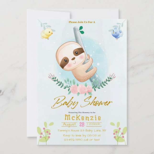 Cute Sloth och Birds Girl Baby Shower Inbjudningar (Framsida)