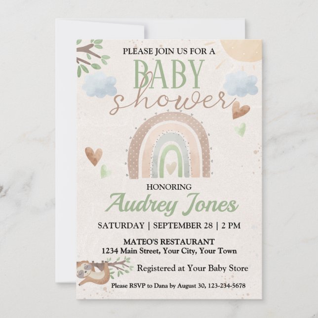 Cute Sloth och Boho Rainbow Baby Shower Inbjudningar (Framsida)