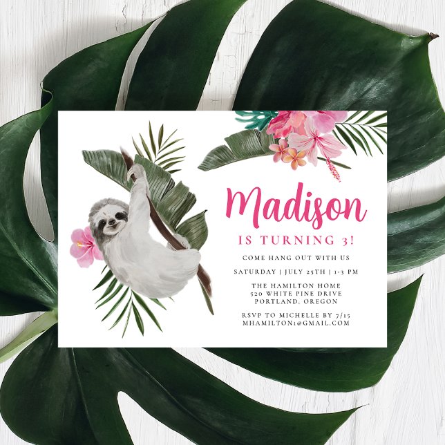 Cute Sloth och Hibiscus Flowers Jungle Birthday Inbjudningar (Skapare uppladdad)
