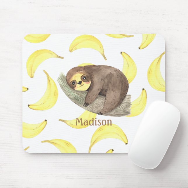 Cute Sloth på en Gren Bananas Animal Namn Musmatta (Med mus)