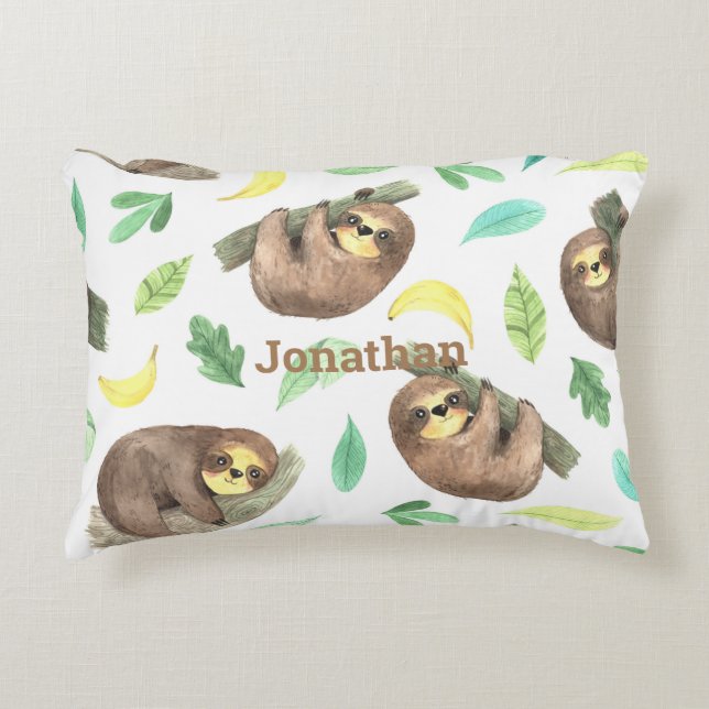 Cute Sloth på en Gren Bananas Animal Namn Prydnadskudde (Framsidan)