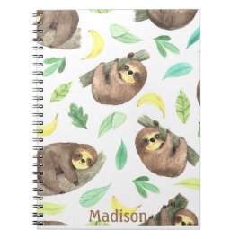 Cute Sloth på Gren Bananas Animal Namn Anteckningsbok