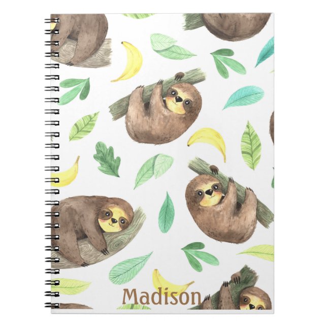 Cute Sloth på Gren Bananas Animal Namn Anteckningsbok (Framsidan)