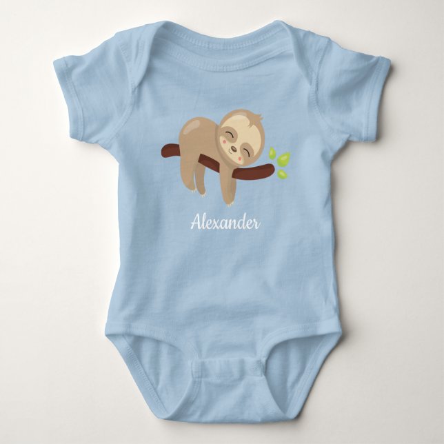 Cute Sloth på Träd Kawaii Animal Illustration Blue T Shirt (Framsida)
