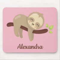 Cute Sloth på Träd Kawaii Animal Illustration Rosa