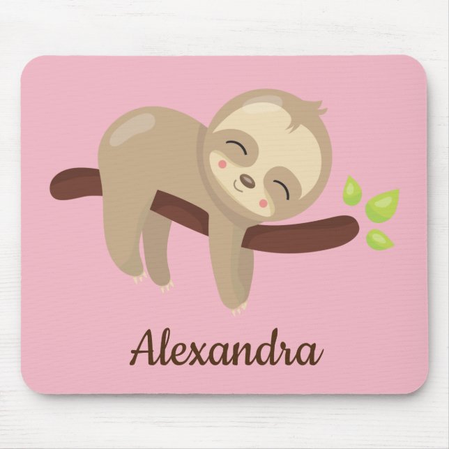 Cute Sloth på Träd Kawaii Animal Illustration Rosa Musmatta (Framsidan)