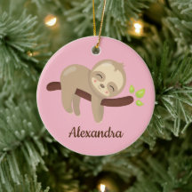 Cute Sloth på Träd Kawaii Animal on Rosa