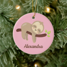 Cute Sloth på Träd Kawaii Animal on Rosa Julgransprydnad Keramik