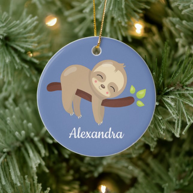 Cute Sloth på Träd Kawaii Animal på Blue Julgransprydnad Keramik (Träd)