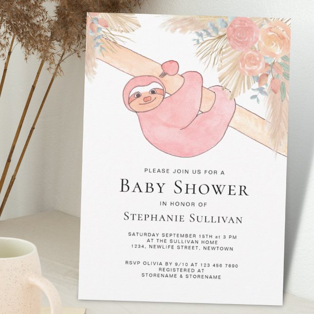 Cute Sloth Pampas Grass Girl's Baby Shower Inbjudningar (Skapare uppladdad)