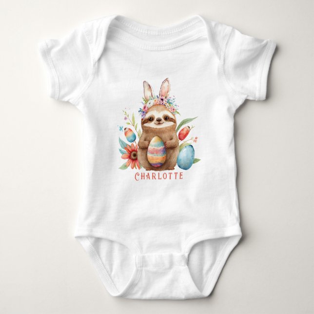 Cute Sloth Påskhare Rabbit Eggs Namn T Shirt (Framsida)