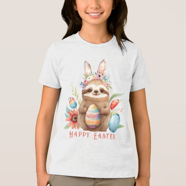 Cute Sloth Påskhare Rabbit Watercolor Eggs T Shirt (Framsida)