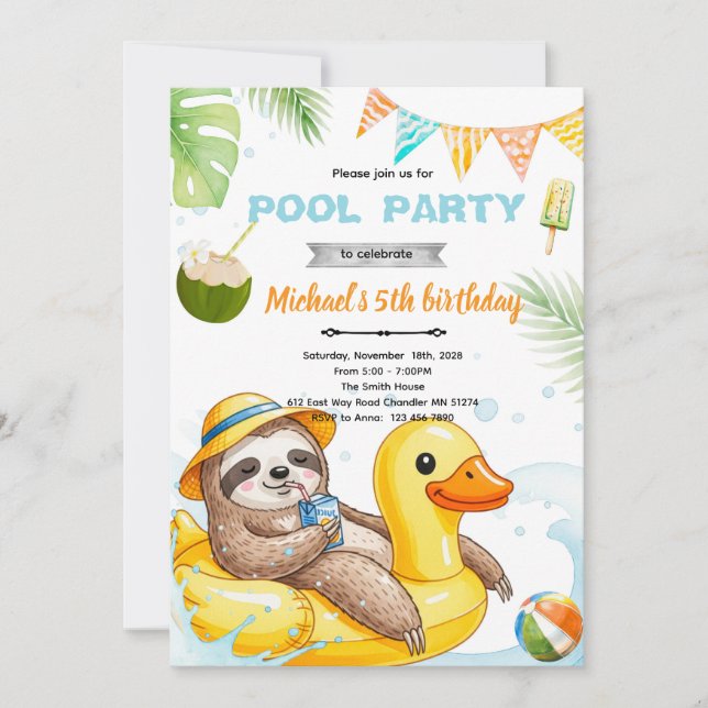 Cute sloth pool theme invitation inbjudningar (Framsida)