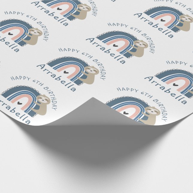 Cute Sloth Rainbow Girl's 6e Birthday Presentpapper (Hörn)