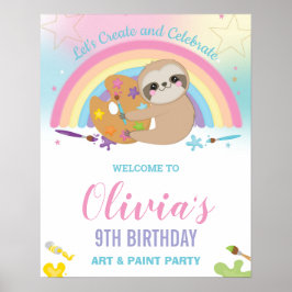 Cute Sloth Rainbow Paint Art Birthday Välkommen Poster