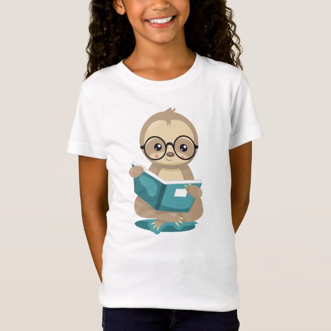 Cute Sloth Reader School Bok Älskare med glasögon T Shirt (Framsida)