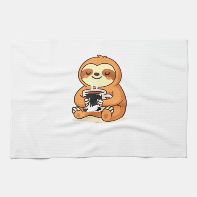 Cute Sloth Relaxing with Hot Coffee Premium T-Shir Kökshandduk (Horisontell)