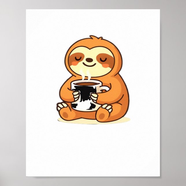 Cute Sloth-relaxning med Hett Coffee Premium T-Shi Poster (Framsidan)