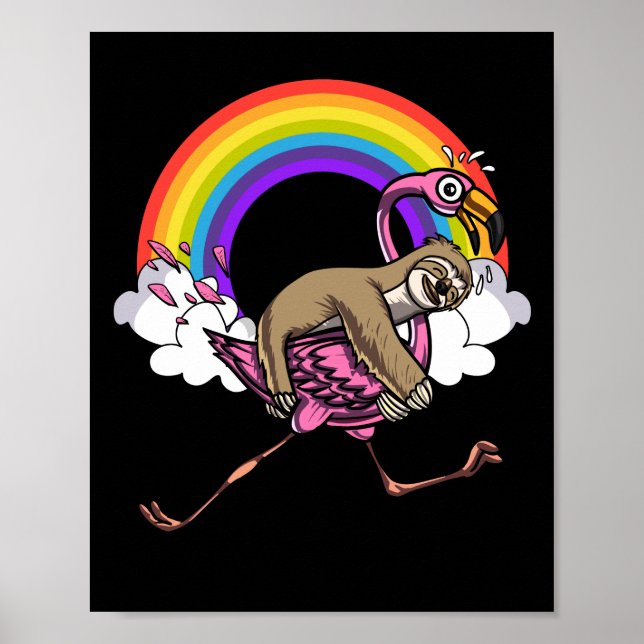 Cute Sloth Riding Flamingo Bird Funny Rainbow Poster (Framsidan)
