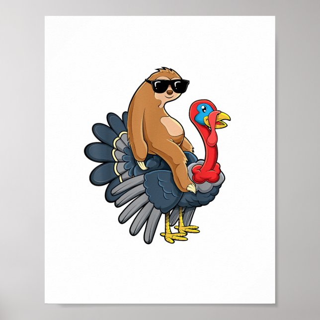 Cute Sloth Riding Turkey Lundny Thanksgiving Humor Poster (Framsidan)