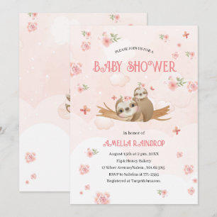 Cute Sloth rosa blommor baby dusch Vattencolor Inv Inbjudningar