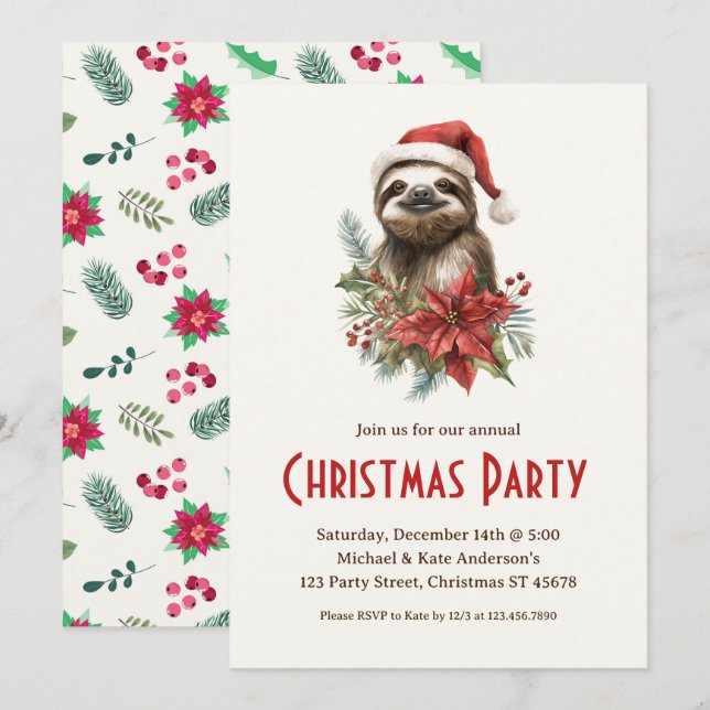 Cute Sloth Santa Hat Poinsettias jul Party Inbjudningar (Fram/baksida)