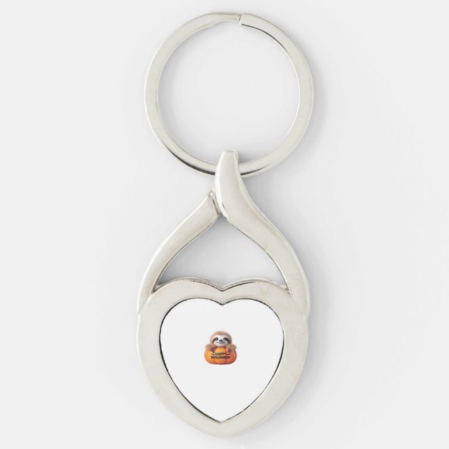 Cute Sloth sitta i en Pumpkin. Text Lycklig Hallow Twisted Heart Silverfärgad Nyckelring (Framsidan)