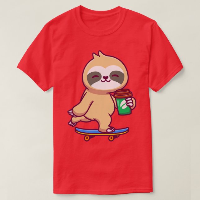 Cute Sloth Skateboarding och Holding Coffee T Shirt (Design framsida)
