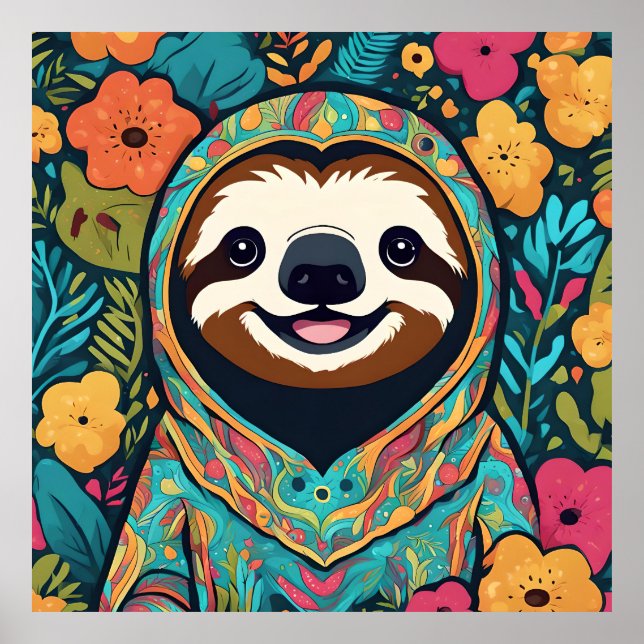 Cute sloth surrounded by flowers poster (Framsidan)