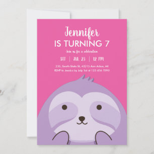Cute Sloth Tecknad Lila Rosa Barns födelsedag Inbjudningar