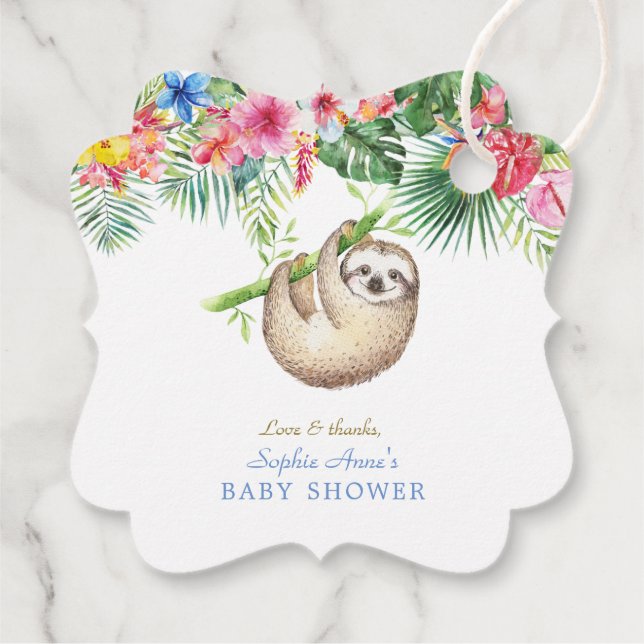 Cute Sloth Tropical Flowers Ram Baby Shower Gåvor Etiketter (Baksida)