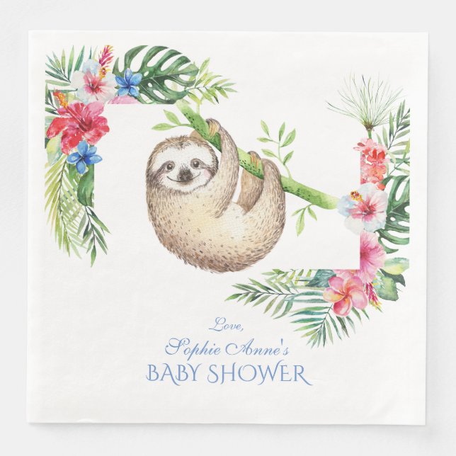Cute Sloth Tropical Flowers Ram Baby Shower Pappersservett (Framsida)