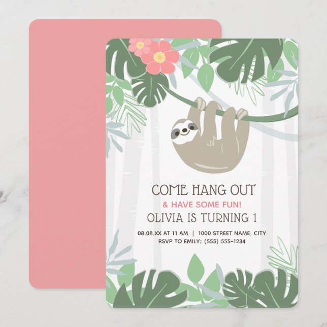 Cute Sloth Tropical Handflatan Löv Birthday Inbjudningar (Fram/baksida)