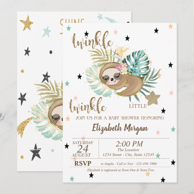Cute Sloth Twinkle Little Star Baby Shower Inbjudningar (Fram/baksida)