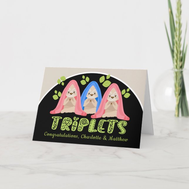 Cute Sloth Two Girls One Boy New Triplet Spädbarn Kort (Framsida)