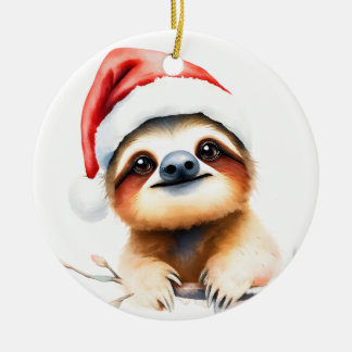 Cute Sloth Wearing Santa Hat Julgransprydnad Keramik