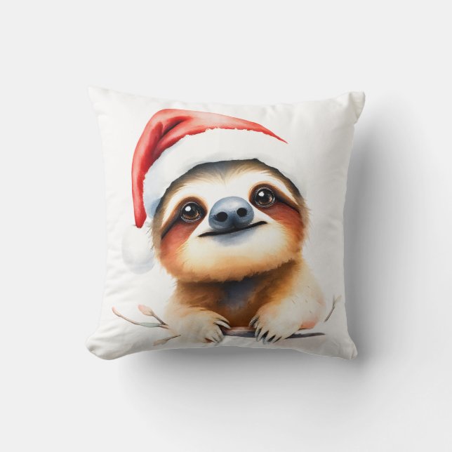 Cute Sloth Wearing Santa Hat Kudde (Framsida)
