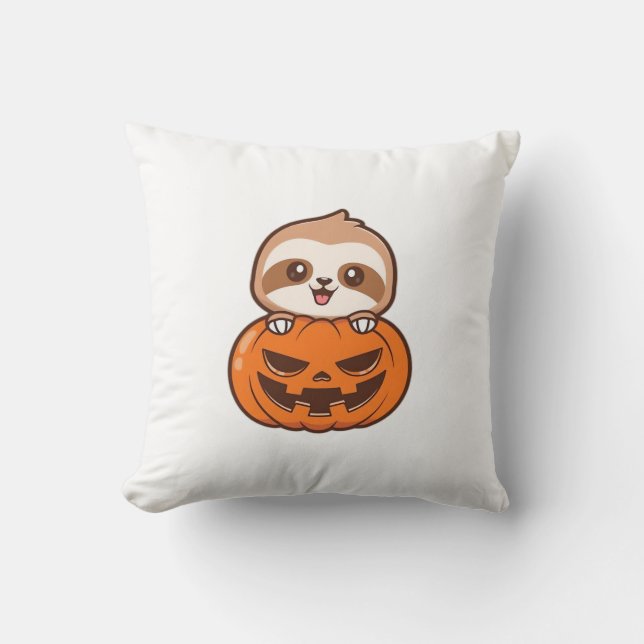 Cute Sloth with Pumpkin Halloween Cartoon Vector I Kudde (Framsida)