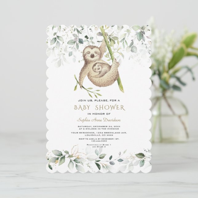 Cute Sloths Airy Greenery Guld Baby Shower Inbjudningar (Stående Fram)