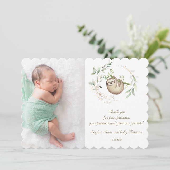 Cute Sloths Greenery Guld Baby Shower Tack Kort (Stående Fram)