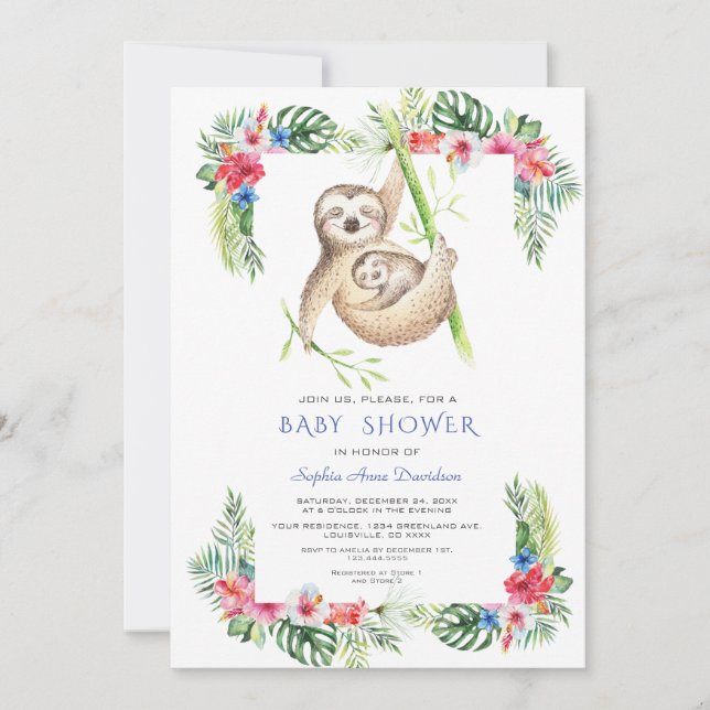 Cute Sloths Tropical Flowers Ram Baby Shower Inbjudningar (Framsida)