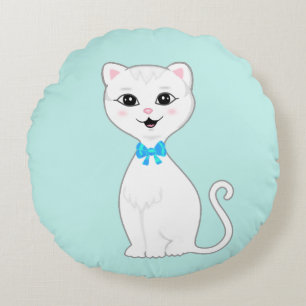 Cute Smart White Cat-Tecknad Rund Kudde