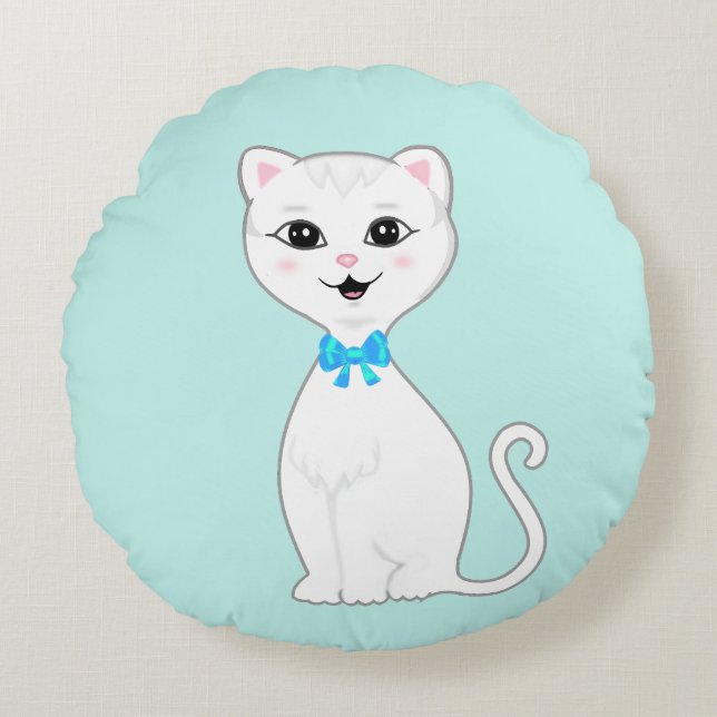 Cute Smart White Cat-Tecknad Rund Kudde (Framsidan)