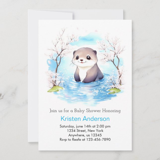 Cute Smila Otter Blue Blommigt Boy Shower Inbjudningar (Framsida)