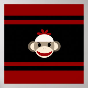 Cute Smilande Sock monkey Ansikte på Red Black Poster