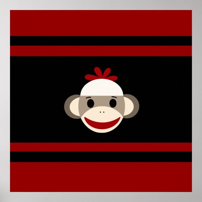 Cute Smilande Sock monkey Ansikte på Red Black Poster (Framsidan)