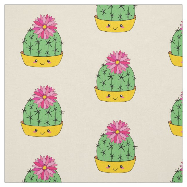 Cute Smiley face Cactus Flower Tecknad Fabric Tyg (Provkarta)